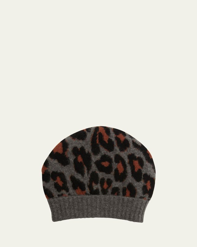 Leopard-Print Knit Cashmere Beanie Hat